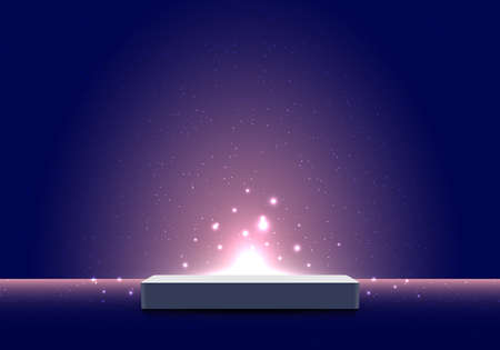 3D realistic pedestal podium with light burst illumination partlcles on dark blue background for product display show or place for presentation. Vector illustrationのイラスト素材