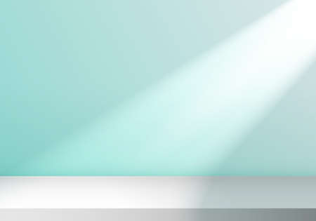 3D empty studio room with light shines from the window on stage soft blue minimal scene background. Vector illustrationのイラスト素材