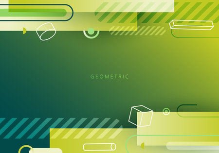 Abstract template green stripes with 3D geometric elements decoration on green light background. Vector graphic illustrationのイラスト素材