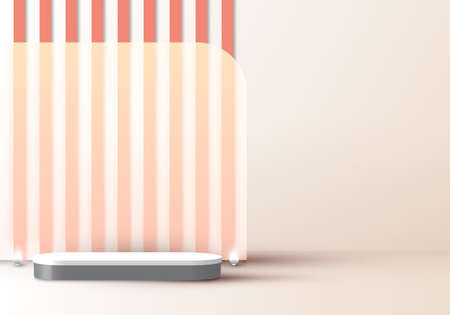 3D realistic elegant display white and gray pedestal podium with battens glass backdrop on beige color studio room background with led neon light bulb. You can use for show cosmetic products, stage showcase. Vector illustrationのイラスト素材