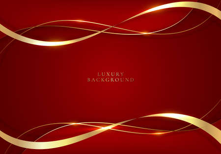 Elegant 3D abstract golden ribbon and wave lines on red background with space for your text. Luxury style. You can use for chinese new year and valentine day banner, card, poster, flyer, etcのイラスト素材