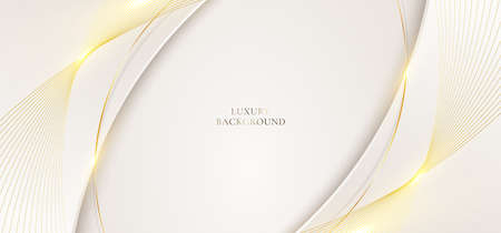 3D modern luxury banner template design white curved shape with golden curve lines light sparking on clean background. Vector graphic illustrationのイラスト素材