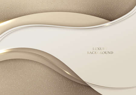 3D modern luxury template design white, light brown curved shapes and golden glitter line light sparking on brown background. Vector graphic illustrationのイラスト素材