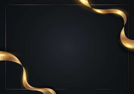 Abstract luxury design template golden ribbon with gold frame on black background. Vector illustrationのイラスト素材