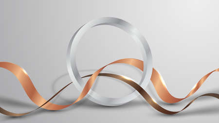 3D realistic silver ring with golden ribbon elements on white background luxury style. Vector illustrationのイラスト素材