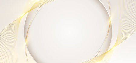 3D modern luxury banner template design white circle shape with golden curved lines light sparking on clean background. Vector graphic illustrationのイラスト素材