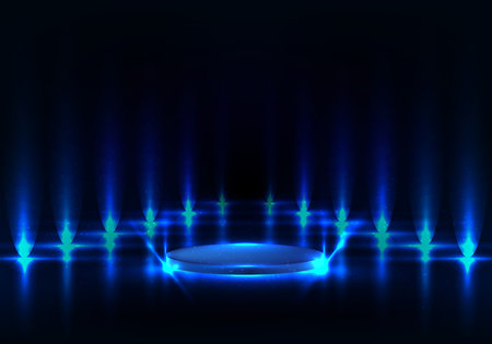 3D realistic pedestal podium with blue lighting illuminate and reflect surface on dark walk way background. Vector illustrationのイラスト素材