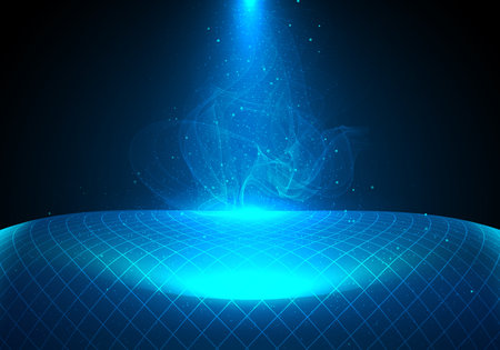 Abstract technology futuristic concept cyberspace blue grid lines and lighting effect with smoke line and dot particles elements on dark background. Vector illustrationのイラスト素材