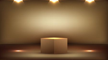 3D empty podium elegant golden studio room background with spotlight on stage background. Display your product or artwork luxury style. Vector illustrationのイラスト素材