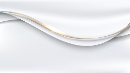 Abstract 3D luxury template white satin fabric with gold wave ribbon lines and lighting effect on clean background. Vector illustrationのイラスト素材