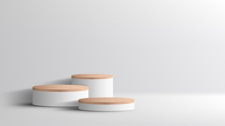 3D realistic empty wood grain top white podium pedestal on white background with lighting and shadow. You can use for product presentation, cosmetic display mockup, showcase, etc. Vector illustrationのイラスト素材