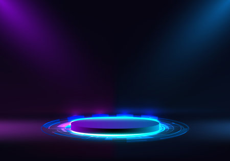 3D purple and blue neon glowing light podium platform pedestal stand cylinder shape display with HUD elements on dark background technology digital style. Blank display, stage of magic portal for show product in futuristic cyberpunk. Vector illustrationのイラスト素材