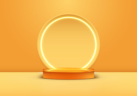 3D realistic products display yellow podium stand pedestal with neon light circle backdrop on yellow studio room background. You can use for product presentation, cosmetic display mockup, showcase, etc. Vector illustrationのイラスト素材
