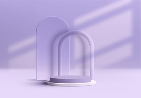 3D realistic empty purple and white cylinder level podium pedestal on purple background with rounded geometric line backdrop lighting window and shadow. You can use for product presentation, cosmetic display mockup, showcase, etc. Vector illustrationのイラスト素材
