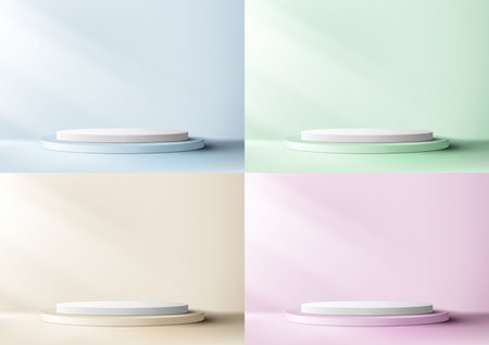 Set of 3D realistic empty blue, green, pink, yellow and white podium cylinder shape product display with lighting on minimal wall scene soft blue background. You can use for cosmetic mockup presentation, promotion sale and marketing, etc, Vector illustrationのイラスト素材