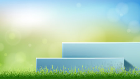 3D realistic blue podium pedestal stand on morning summer green nature blurred bokeh background with natural lighting. You can use for product presentation, cosmetic display mockup, showcase, etc. Vector illustrationのイラスト素材