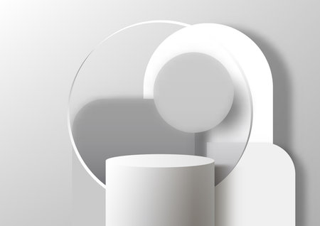 3D realistic white podium stand with rounded geometric, circle glass transparency backdrop on gray background. You can use for product presentation, cosmetic display beauty mockup, showcase, etc. Vector illustrationのイラスト素材