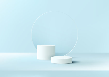 3D realistic products display white podium pedestal stand with transparency circle glass backdrop minimal wall scene on blue background. You can use for product presentation, cosmetic display mockup, showcase, media banner, etc. Vector illustrationのイラスト素材