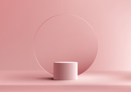 3D realistic products display pink podium pedestal stand with transparency circle glass backdrop minimal wall scene on pink background. You can use for product presentation, cosmetic display mockup, showcase, media banner, etc. Vector illustrationのイラスト素材