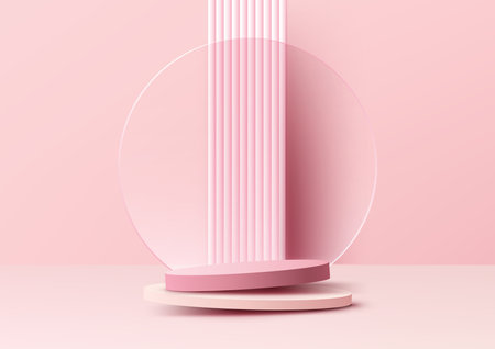 3D realistic empty pink podium pedestal stand with circle transparent glass backdrop minimal wall scene pink background. You can use for product presentation, cosmetic display beauty mockup, showcase, etc. Vector illustrationのイラスト素材