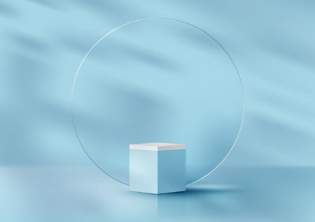 3D realistic products display blue podium cube stand with transparency circle glass backdrop and leaf shadow minimal wall scene on blue background. You can use for product presentation, cosmetic display mockup, showcase, media banner, etc. Vector illustrationのイラスト素材