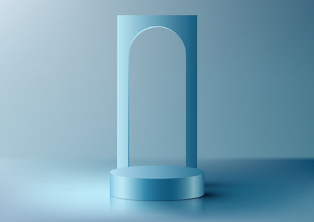 3D realistic modern style blue cylinder podium stand with door backdrop product display minimal wall scene blue background. You can use for cosmetic mockup presentation, promotion sale and marketing, etc, Vector illustrationのイラスト素材