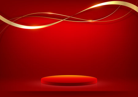 3D realistic red podium with red color wave lines with shiny golden curved line decoration and glitter lighting on gradient red background luxury style. Vector illustrationのイラスト素材