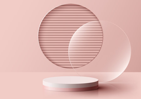 3D realistic white and pink podium stand decoration with circle transparent glass and round circle window background. You can use for luxury products display presentation, cosmetic display mockup, showcase, valentine day, etc. Vector illustrationのイラスト素材