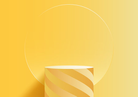 3D realistic yellow podium platform stand cylinder shape with spiral stripes and circle glass transparent backdrop on yellow background minimal style. Abstract studio room elegant wall scene. Products display advertising showcase. Vector illustrationのイラスト素材