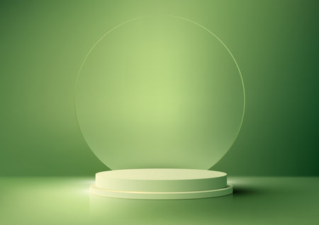 3D realistic modern green cylinder podium stand with circle transparent glass backdrop product display minimal wall scene on green background. You can use for cosmetic mockup presentation, promotion sale and marketing, etc, Vector illustrationのイラスト素材