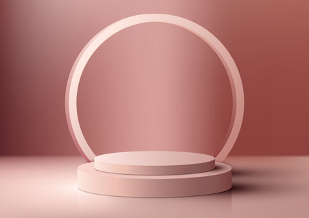 3D realistic modern style beige podium stand with circle frame backdrop on brown background. You can use for product display presentation mockup, beauty cosmetic, showcase, etc. Vector illustrationのイラスト素材