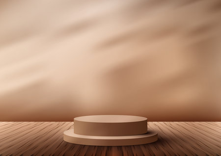 3D realistic brown podium pedestal stand on battens wood floor and brown background and natural light. You can use for product display presentation, cosmetic display mockup, showcase, media banner, etc. Vector illustrationのイラスト素材