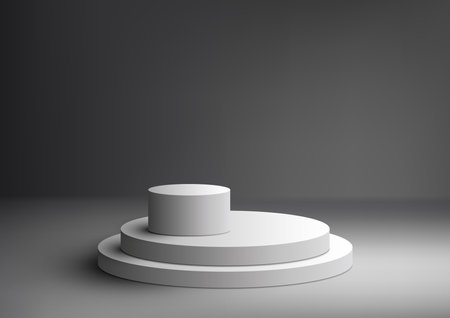 3D realistic empty group of white podium platform display layer isolated on gray background. You can use for product display presentation mockup, beauty cosmetic, showcase, etc. Vector illustrationのイラスト素材