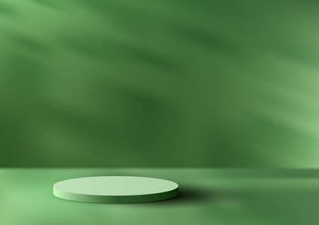 3D realistic empty green podium stand studio room background and leaf shadow. You can use for product presentation, cosmetic display mockup, showcase, media banner, etc. Vector illustrationのイラスト素材