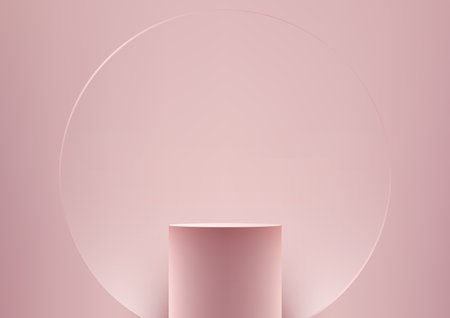 3D realistic products display empty pink podium stand with transparency circle glass backdrop minimal wall scene on pink background. You can use for product presentation, cosmetic display mockup, showcase, media banner, etc. Vector illustrationのイラスト素材