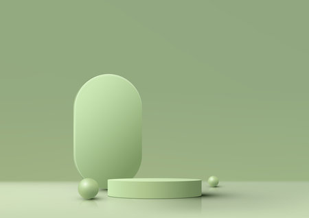 3D realistic empty green podium stand on green background decoration with rounded backdrop and sphere balls. You can use for presentation, cosmetic product display beauty mockup, showcase, etc. Vector illustrationのイラスト素材