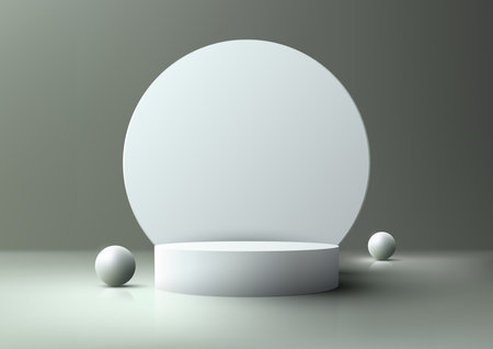 3D realistic empty white podium stand with circle backdrop on gray background decoration with white balls. You can use for presentation, cosmetic product display beauty mockup, showcase, etc. Vector illustrationのイラスト素材