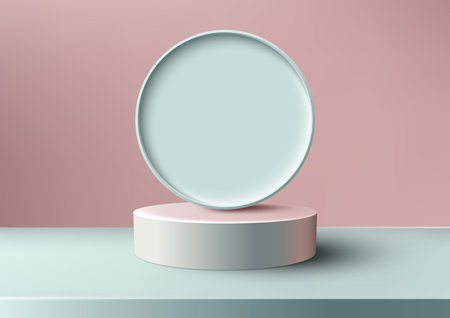 3D realistic empty pink podium stand with blue circle backdrop minimal wall scene on pink pastel color background. You can use for product display presentation, cosmetic display mockup, showcase, media banner, etc. Vector illustrationのイラスト素材