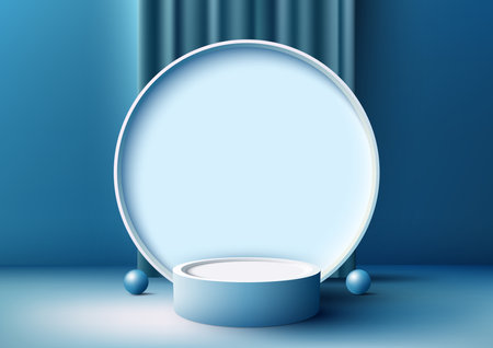 3D realistic modern style empty white podium stand with blue curtain and circle backdrop on blue background. You can use for cosmetic mockup product display presentation, promotion sale and marketing, etc, Vector illustrationのイラスト素材