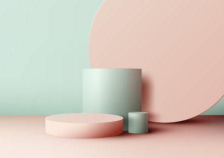 3D realistic empty group of blue and pink podium pedestal stand with circle backdrop on pastel background. You can use for product display presentation, cosmetic display mockup, showcase, media banner, etc. Vector illustrationのイラスト素材