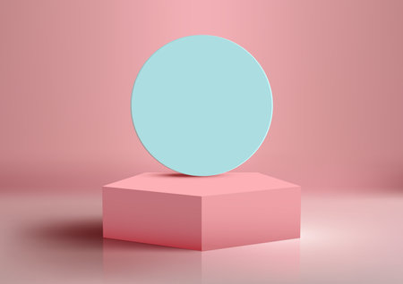 3D realistic empty pink podium platform stand with blue circle backdrop on pink background modern style. You can use for product display presentation, cosmetic display mockup, showcase, media banner, etc. Vector illustrationのイラスト素材