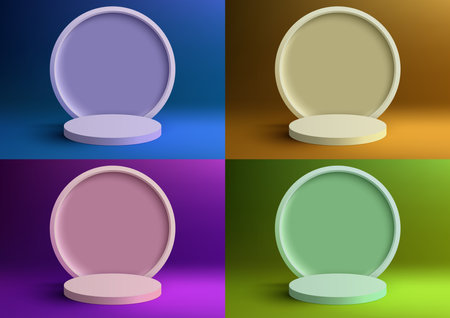 Set of 3D realistic products display empty podium pedestal stand with circle backdrop minimal wall scene background. You can use for product presentation, cosmetic display mockup, showcase, media banner, etc. Vector illustrationのイラスト素材