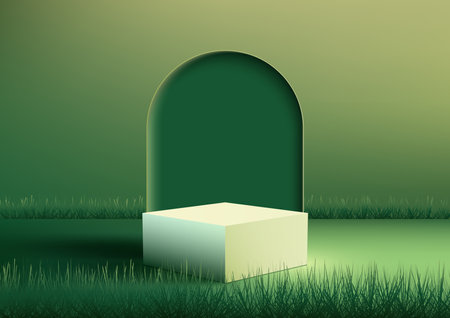3D realistic empty white podium pedestal stand with grass foreground and backdrop on green backdround. You can use for product presentation, beauty spa cosmetic display mockup, showcase, etc. Vector illustrationのイラスト素材