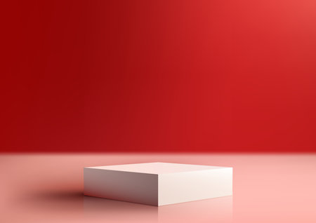 3D realistic empty white podium stand on red background minimal style. You can use for product presentation, cosmetic products display mockup, showcase, etc. Vector illustrationのイラスト素材