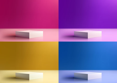 Set of 3D realistic empty white podium stand on bright colors background minimal style. Use for product presentation, cosmetic products display mockup, showcase, etc. Vector illustrationのイラスト素材