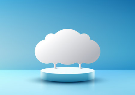 3D realistic empty blue podium with white cloud paper backdrop on blue sky background. Use for product display presentation mockup, beauty cosmetic, showcase, etc. Vector illustrationのイラスト素材