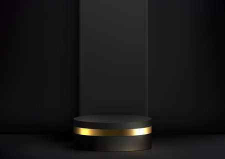 Luxury with our 3D realistic black and gold podium showcase. This vector illustrator mockup brings a modern interior concept to life, presenting your products in an elegant. Showcase your creativity and achieve unparalleled successのイラスト素材