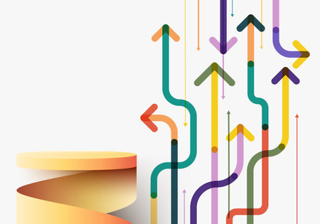 3D realistic empty yellow podium stand swirl spiral ribbon with arrow way diagonal direction colorful overlapping on white background. You can use for product presentation, cosmetic display beauty mockup, showcase, etc. Vector illustrationのイラスト素材