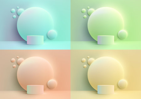 Pastel colors and modern minimalism in this 3D realistic showcase podium. With a circle backdrop and sleek design, this vector illustration is perfect for presenting your products. Vector illustrationのイラスト素材