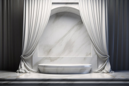 3D render of a marble podium with a pole and curtain on a black background is a stylish and elegant backdrop. Generative AIの素材